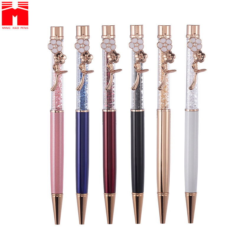 Wholesale of cherry blossom petal hook ballpoint pens, creative multi-color crystal pens and metal gift pens from the manufacturer full figure
