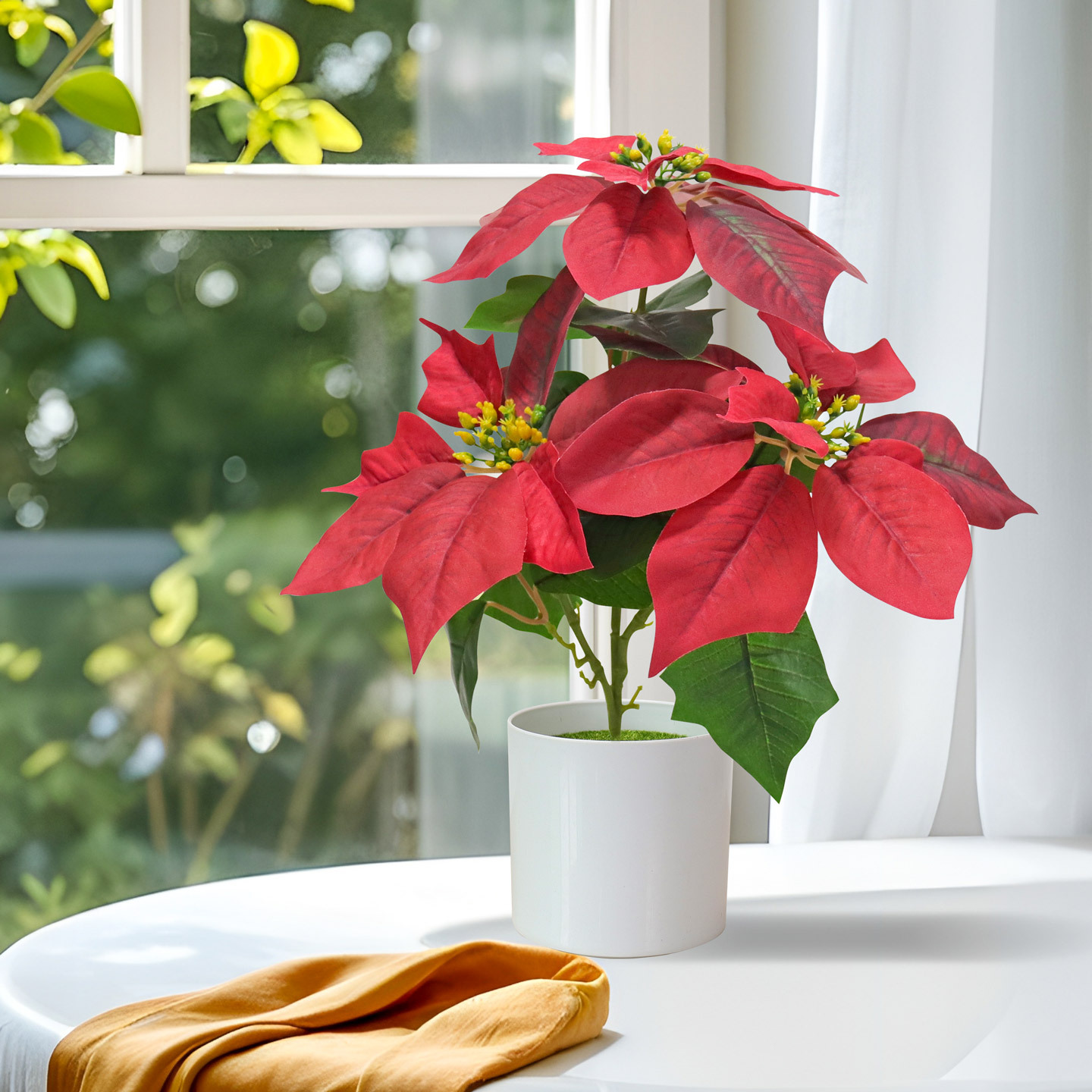 Cross-border new faux Christmas flower potted plants, golden desktop ornaments, home decoration 3D printed poinsettias faux flowers details Picture