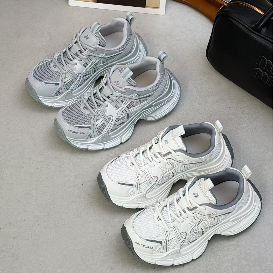 欧货老爹鞋女2026新款真皮网面透气运动风休闲鞋百搭厚底跑步鞋