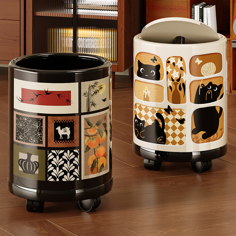 家用垃圾桶高级感客厅带轮可移动带盖中古风大容量卧室厨房垃圾篓