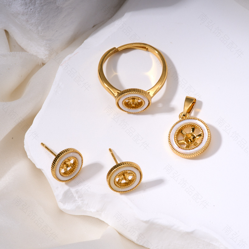 Pearl ring, earneedle pendant, three-piece set, empty stand, round setting, natural mother-of-pearl, high-end DIY light luxury accessory