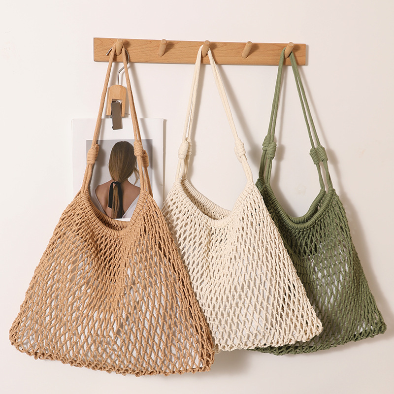 Fashionable fan-shaped large cotton thread woven bag, new large-capacity hollowed-out single-shoulder straw woven bag, beach vacation bag full image