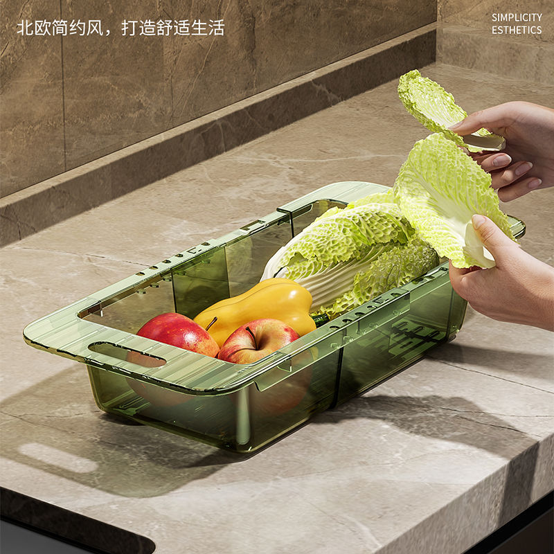Kitchen telescopic draining rack, washing basin, draining basket, household plastic sink, water filter basket, sink, vegetable basket, storage rack Application Scenario