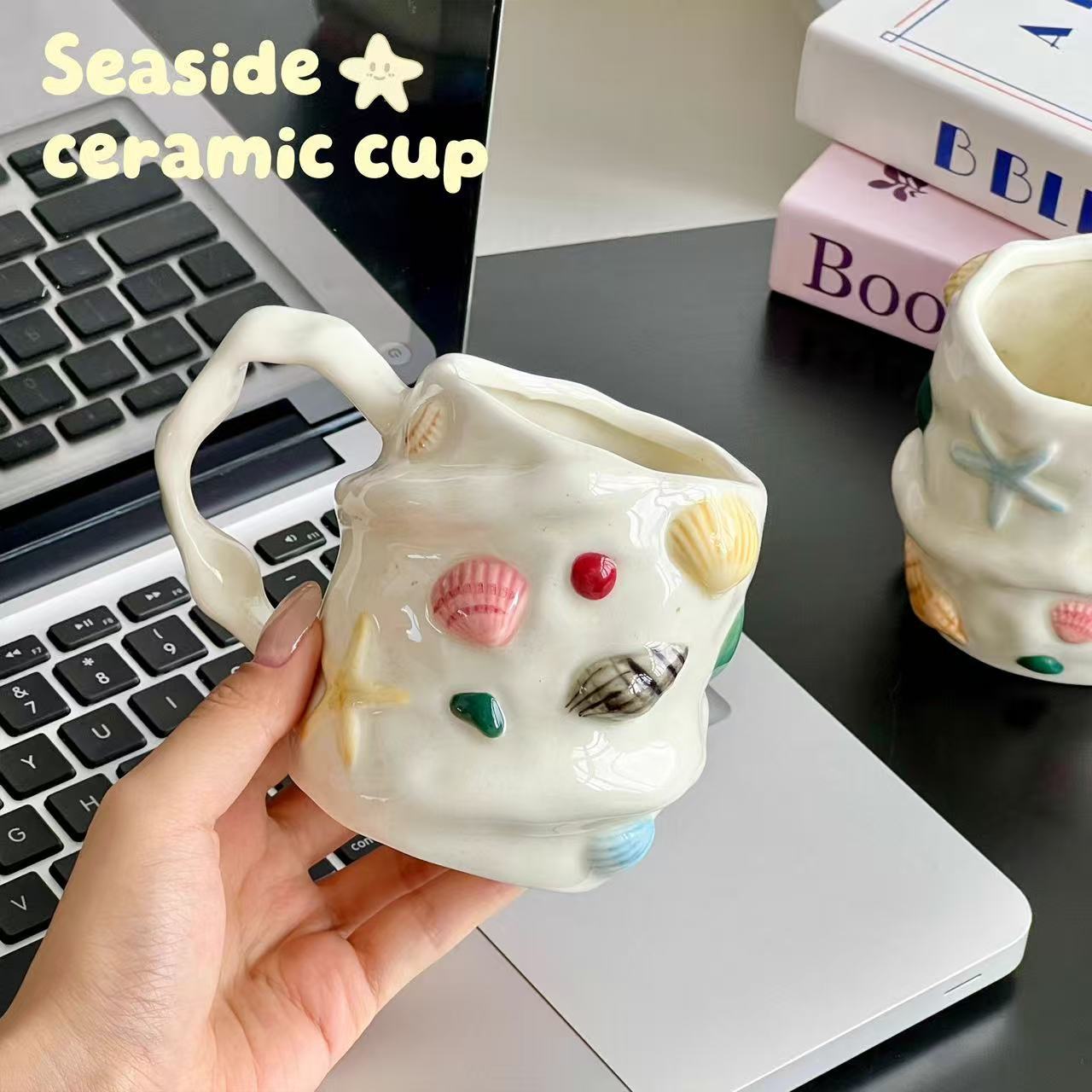 Hand-painted ocean-style three-dimensional shell starfish ceramic cups, creative and personalized coffee cups, milk cups, water cups, and tourist products details Picture