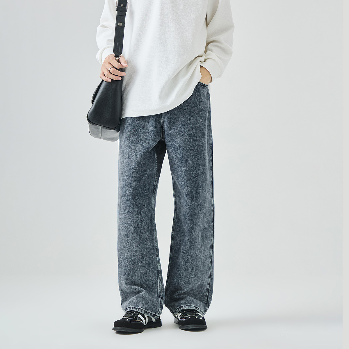 APO Men's Wear: Cross-border men's fashion brand jeans, autumn American high street washed distressed loose straight-leg long pants Specification image
