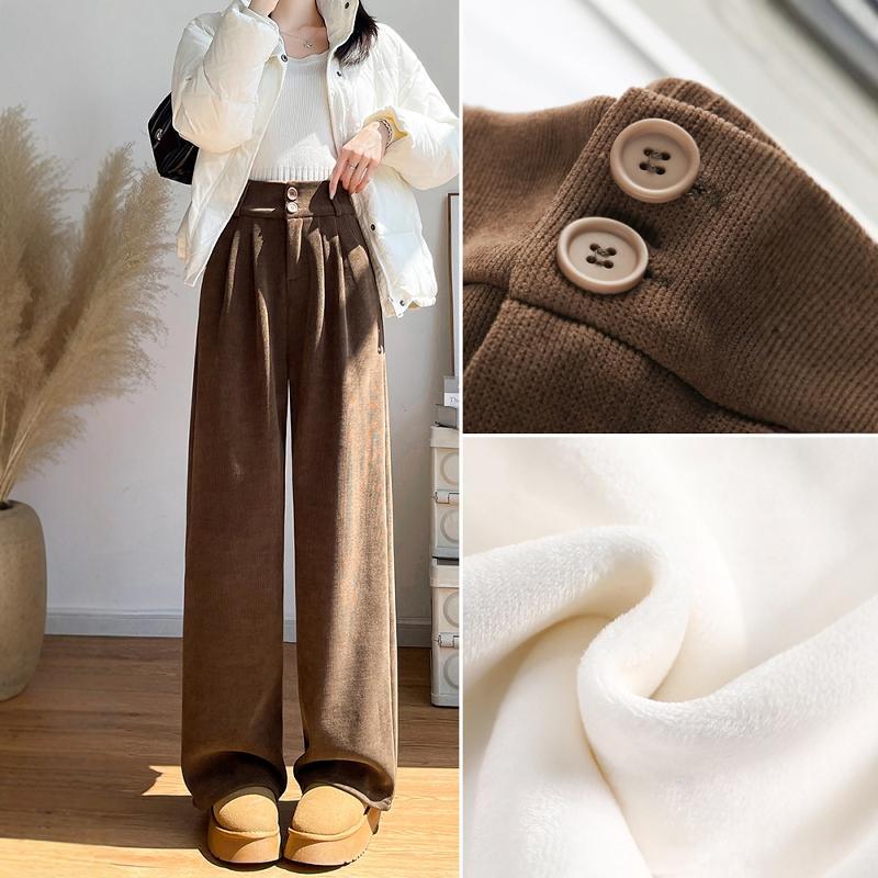 咖色灯芯绒裤子女2025新款秋冬加绒加厚小个子高腰垂感窄版阔腿裤