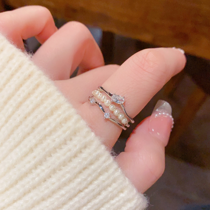 Wholesale of multi-layer pearl zircon open ring with a fashionable design sense from Japan and South Korea, elegant and lightweight luxury, versatile and high-end index finger ring