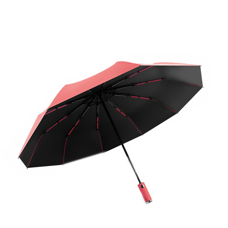 厂家批发全自动三折十骨三纤黑胶灯光防晒伞晴雨两用防紫外线雨伞白底实物图