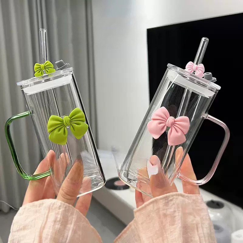 Transparente simple cuadrado tazas para niños nuevo color rosa arco copa de pajita hogar con asa alta borosilicato de vidrio Application Scenario