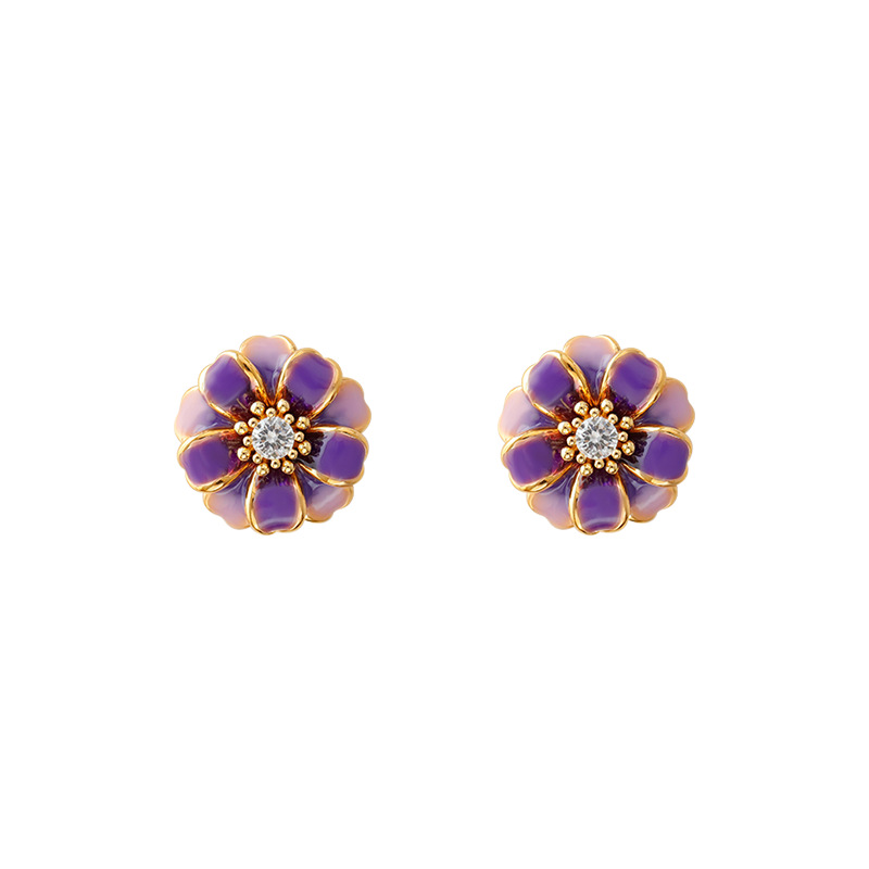 Hyacinth enamel oil drop taro purple flower stud earrings with a fashionable and unique design, light luxury zircon earrings, will be a bestseller on Douyin in 2025 Item Picture