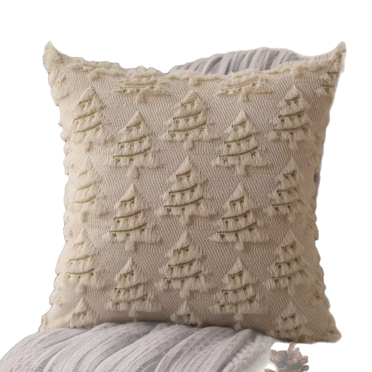 Khaki Christmas tree embroidery throw pillows, plush quilted holiday sofa cushions, home decoration throw pillows Item Picture