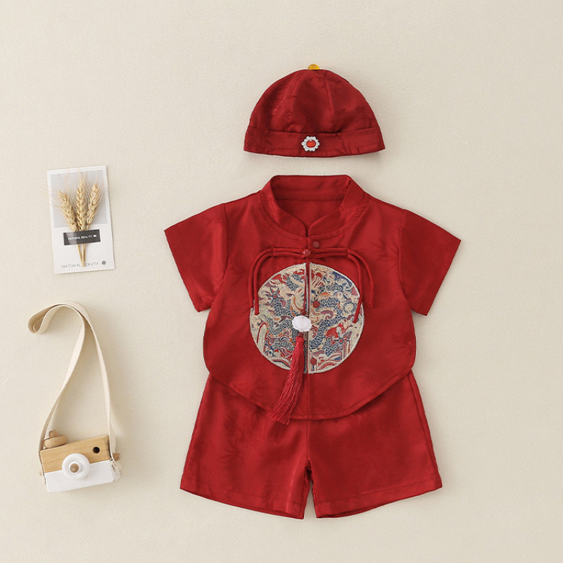 国潮儿童汉服套装夏装2025新款男女宝宝唐装短裤夏季婴幼儿衣服三件套