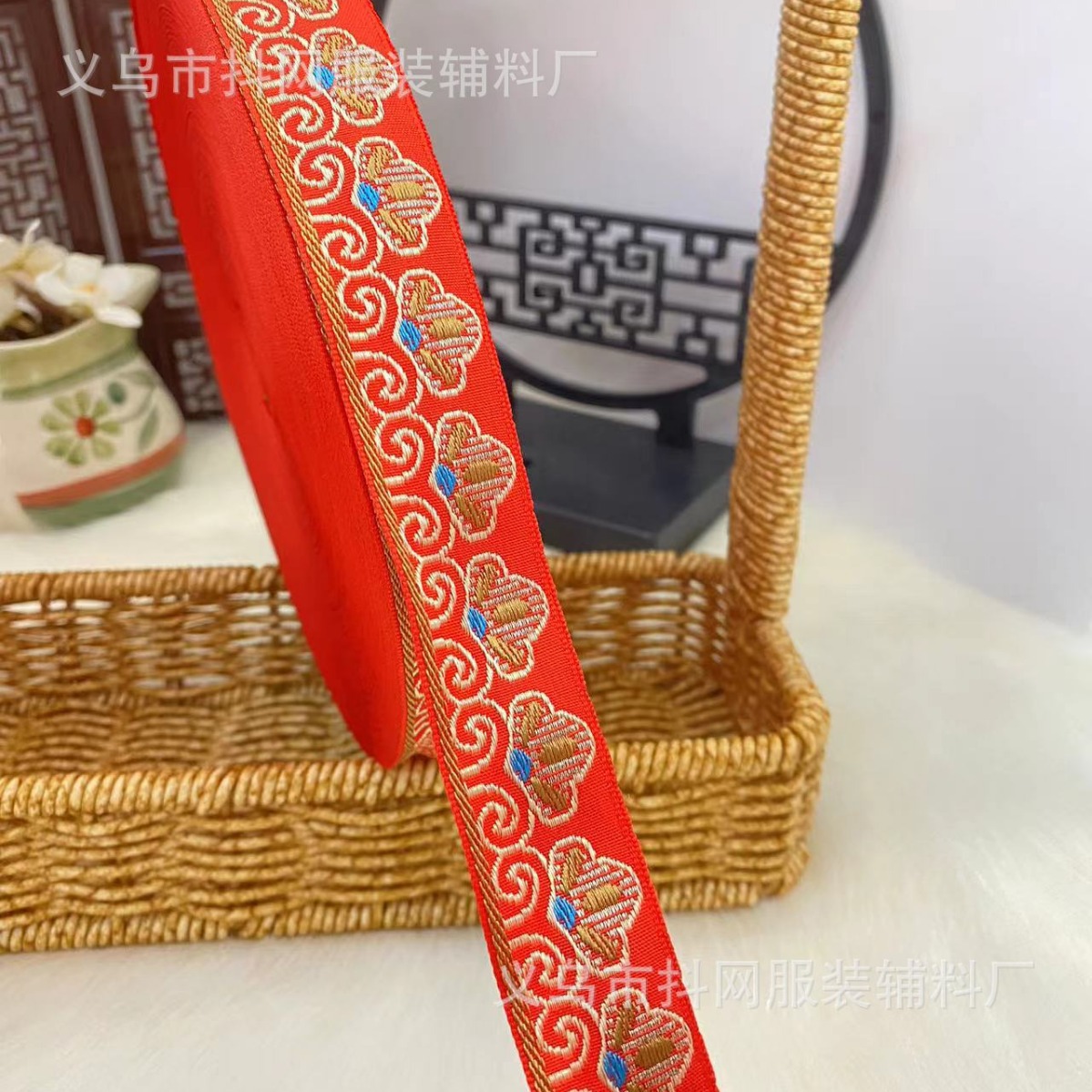 2.0- 2.5cm, bright red, festive, ethnic-style jacquard embroidery, webbing, wedding dress, hair accessories, headwear, performance costume accessories details Picture