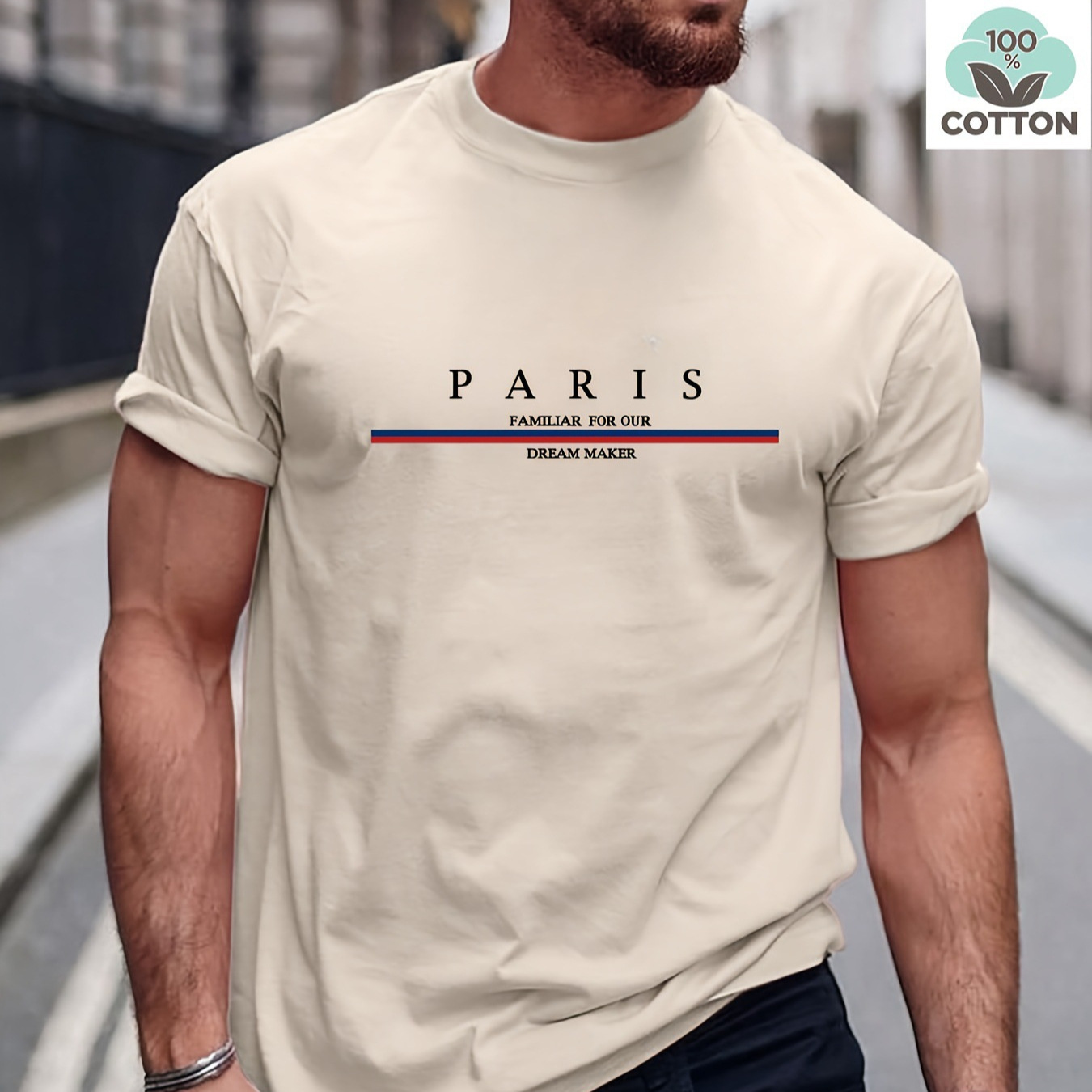2026 Pure cotton European and American cross-border "PARIS" printed men's top, AliExpress Amazon new T-shirt short-sleeved summer details Picture
