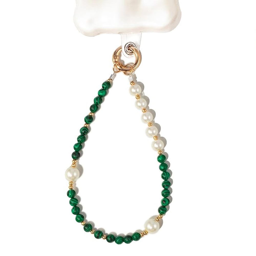 New colored round bead malachite mobile phone chain pendant, handcrafted gemstone agate, high-end beaded wristband for women details Picture