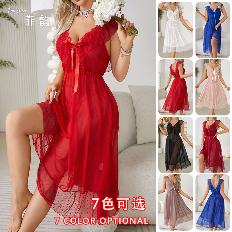 Fei Yun sexy polka dot nightgown, princess-style halter dress, summer women's tulle private pajama, backless outerwear 666