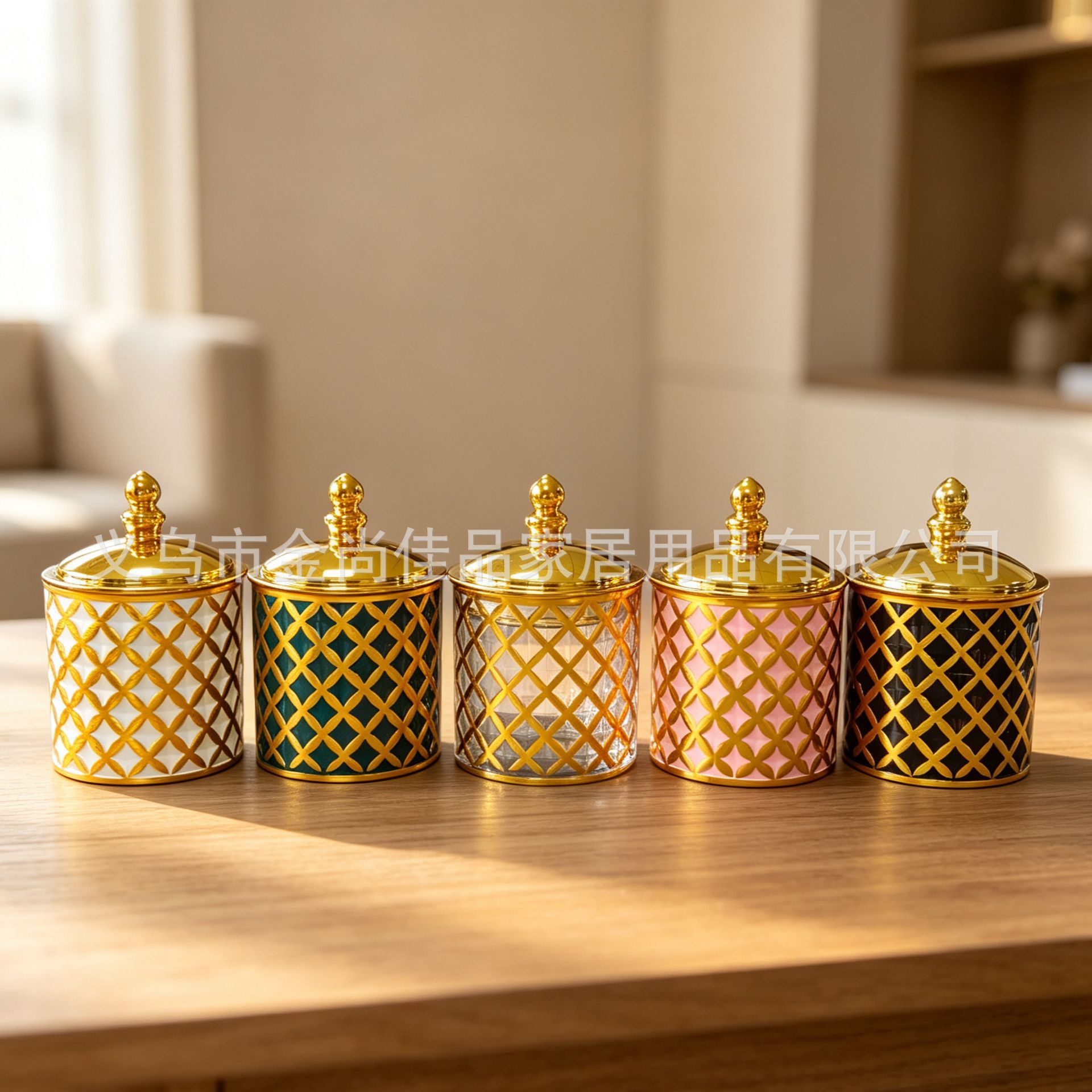 Multi-color light luxury diamond-shaped Storage jar, gold edge with lid storage, desktop sundries and makeup storage jar details Picture
