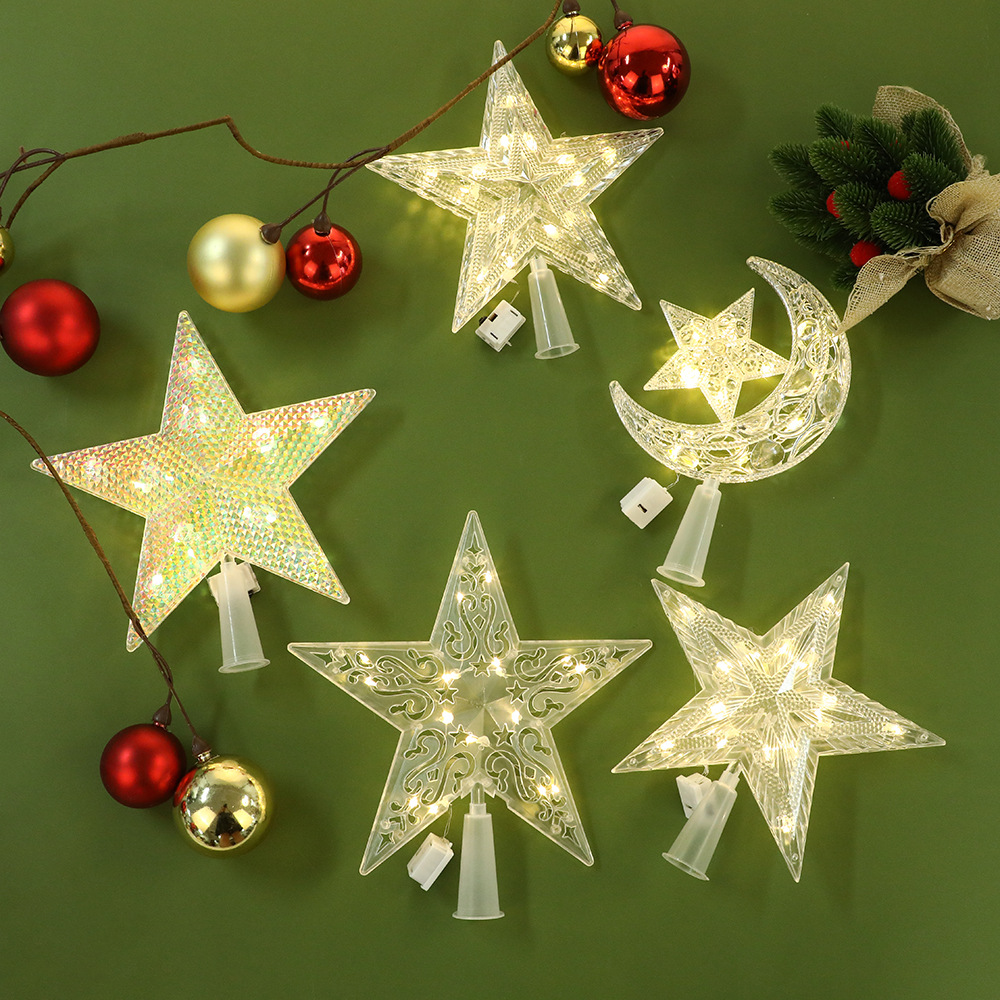 Cross-border best-selling illuminated Christmas tree top star hollowed-out moon star Christmas tree top LED light Christmas decoration Specification image