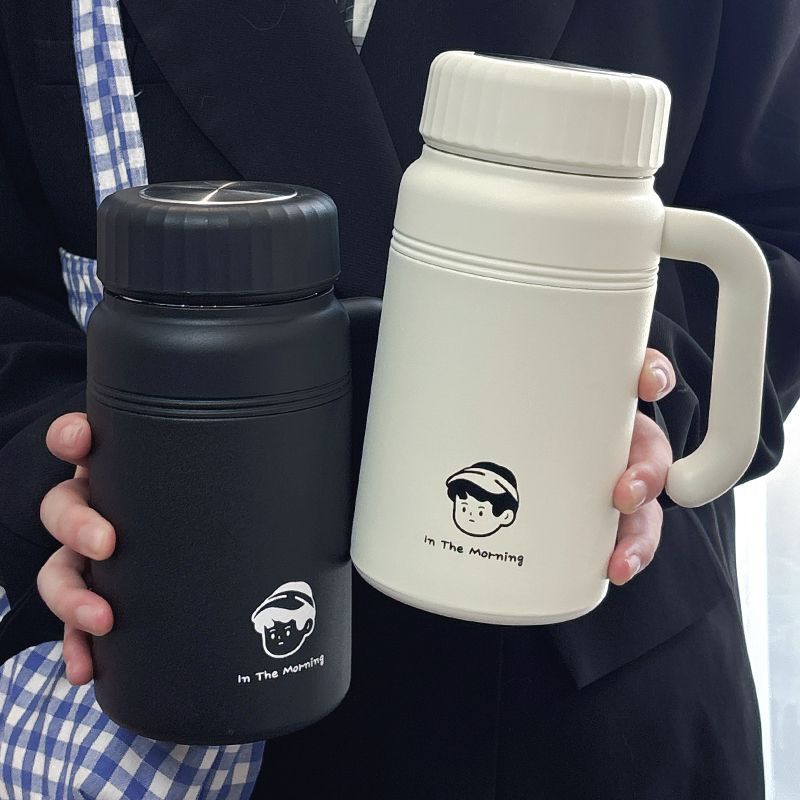 Simple ceramic insulated water cup, stainless steel insulated cup, large-capacity portable outdoor car tea storage cup with handle