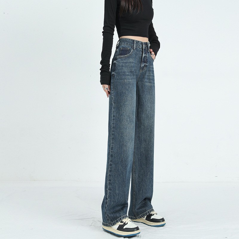 Customized high-waisted straight-leg jeans for women with pockets that make them look petite. Narrow wide-leg floor-length pants for 2024 new style Application Scenario