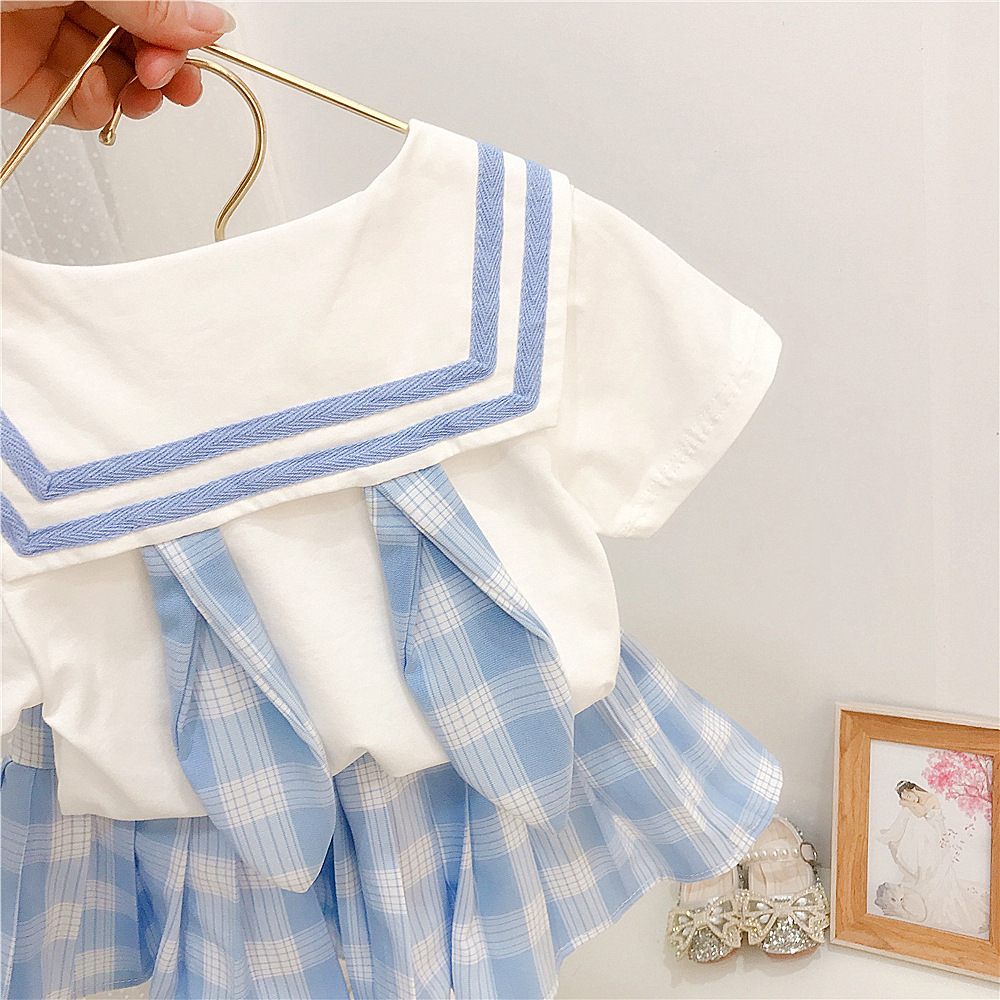 2025 New girls' clothing: grid bow T-shirt, pleated skirt, little Girls' set, Little girls' clothing Item Picture
