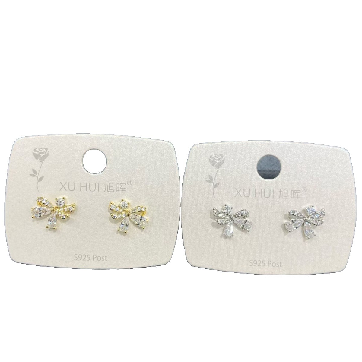 Simple real gold electroplated with zircon bow S925 silver needle stud earrings, fashionable, elegant and exquisite earrings for women Item Picture