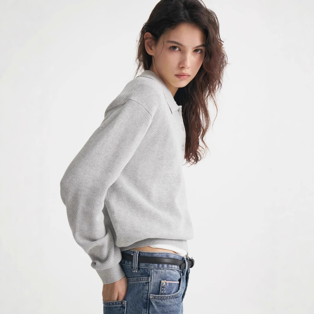The polo lapel solid-color sweater for women in the 2025 autumn and winter season and the casual European and American style pullover knitted sweater are selling well across borders Specification drawing