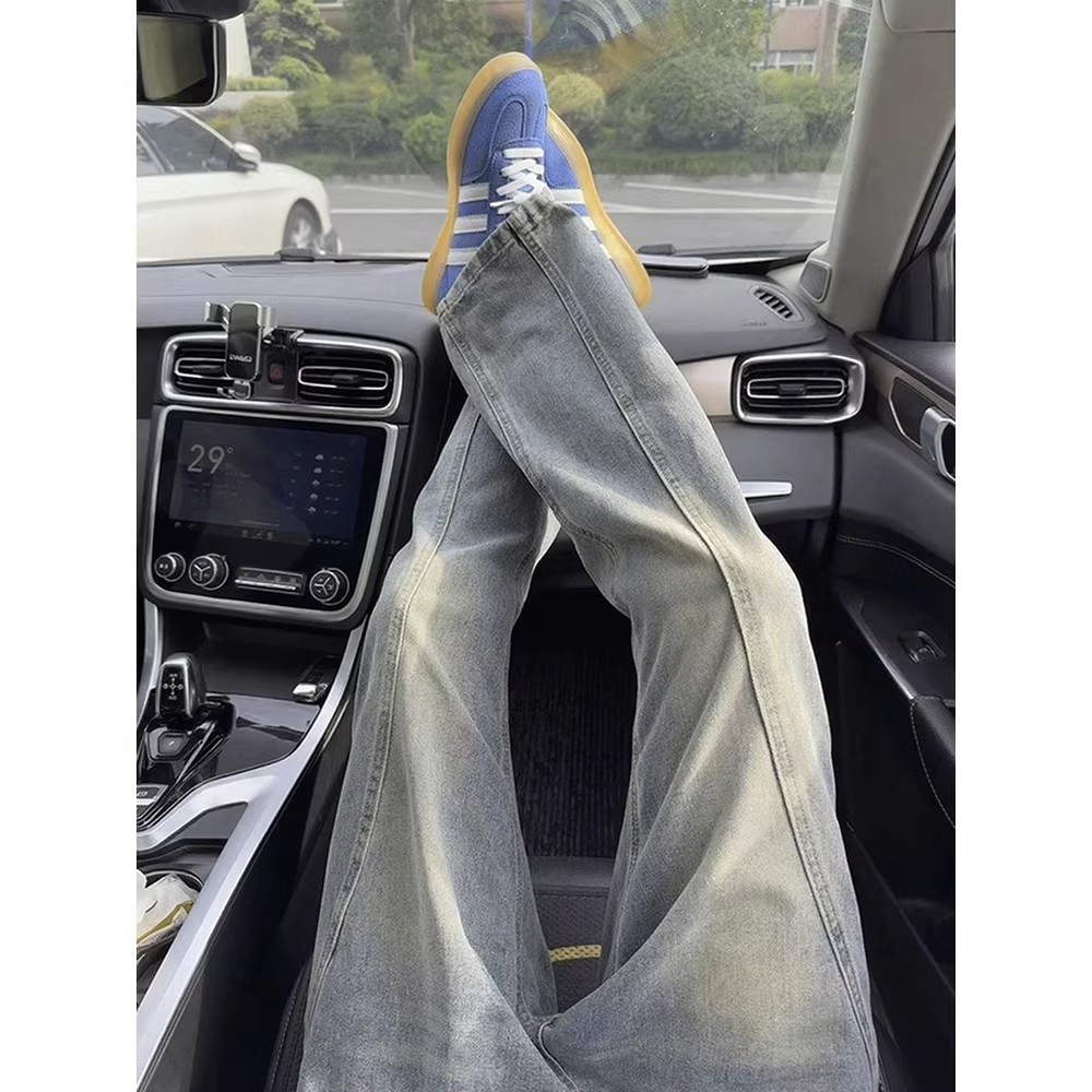 Retro blue diagonal flared jeans for men, autumn American high street vibe pants, cleanfit straight-leg curved knife pants