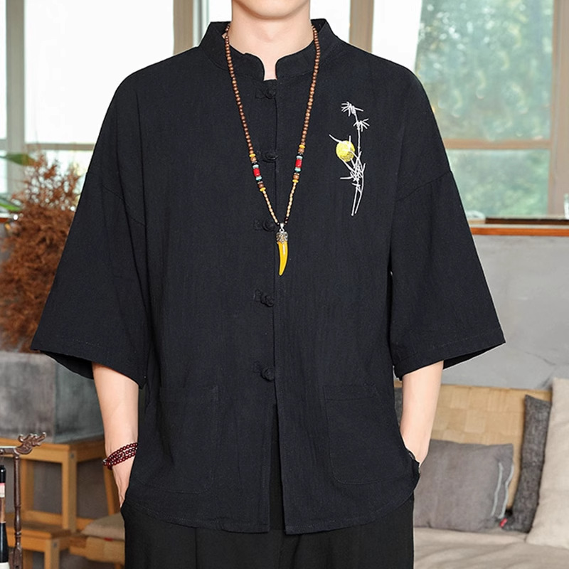 国潮中国风刺绣男士唐装短袖亚麻t恤夏季薄款七分袖道袍上衣潮流衬衣