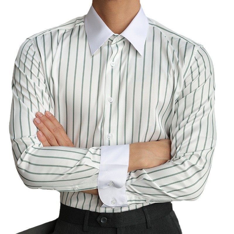 Autumn casual color-blocking and contrasting striped long-sleeved shirts for men, British business slim-fit shirts, cross-border Amazon Item Picture