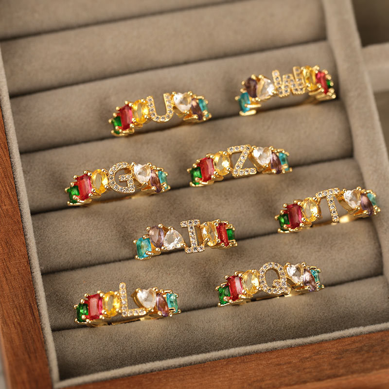 Wholesale of popular hand-set colored zirconium 26-letter open ring for women on Instagram in a cool and casual style
