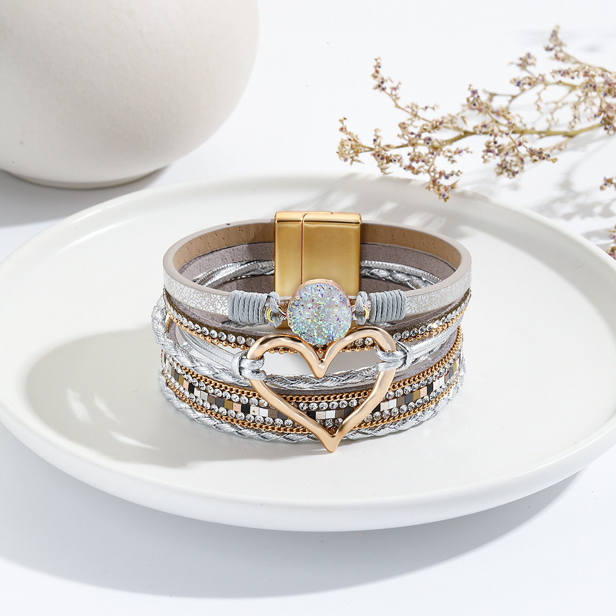 欧美跨境外贸皮绳手链波西米亚多层手环原石爱心手镯女绕线皮手链详情图2