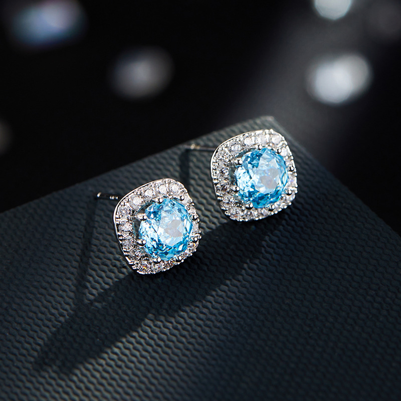 Heavy industry square micro-inlaid rose-cut ear studs, refreshing ice blue s925 silver needle, light luxury and high-end feel, bestseller and versatile earrings Application Scenario