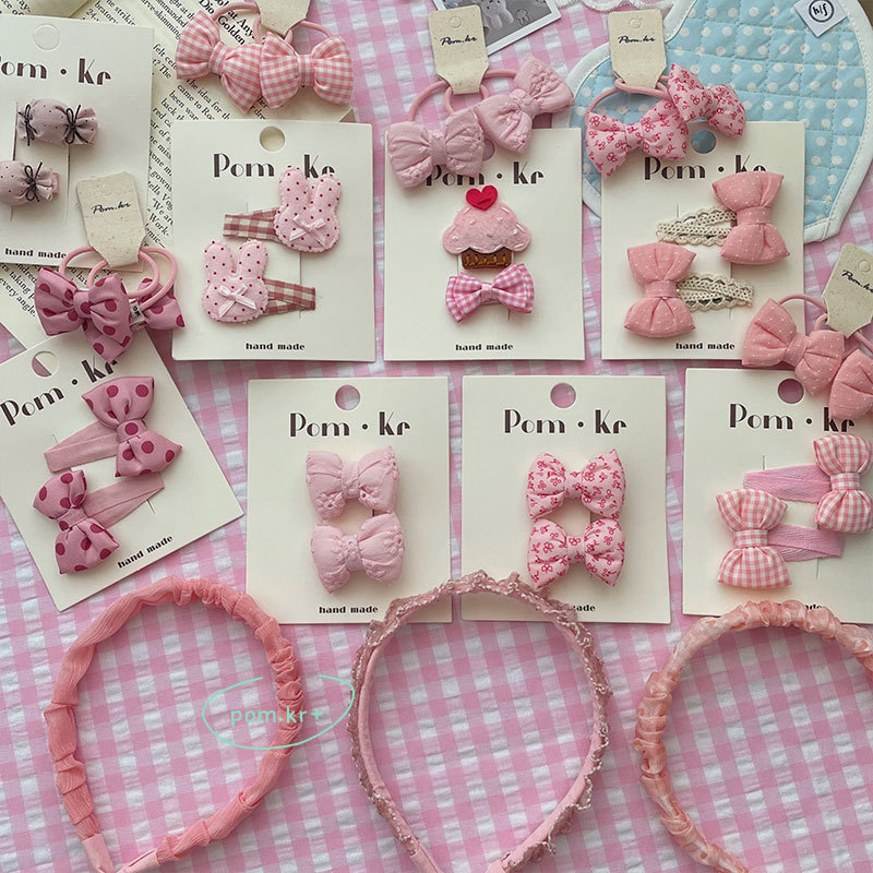 pom.kr's new Korean-style sweet and gentle pink checkered bow hair clip, children's fabric side wavy bangs clip for girls, pom.kr Specification image