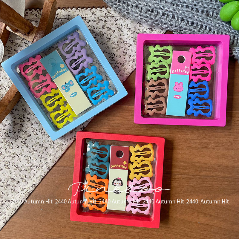 New Korean-style colorful dopamine box hair clips, children's side fringe bangs clips, sweet bye-bye hair accessories, girls' Dottodot colorful cartoon hair clip set, box set, fun and childlike design, colorful and cute