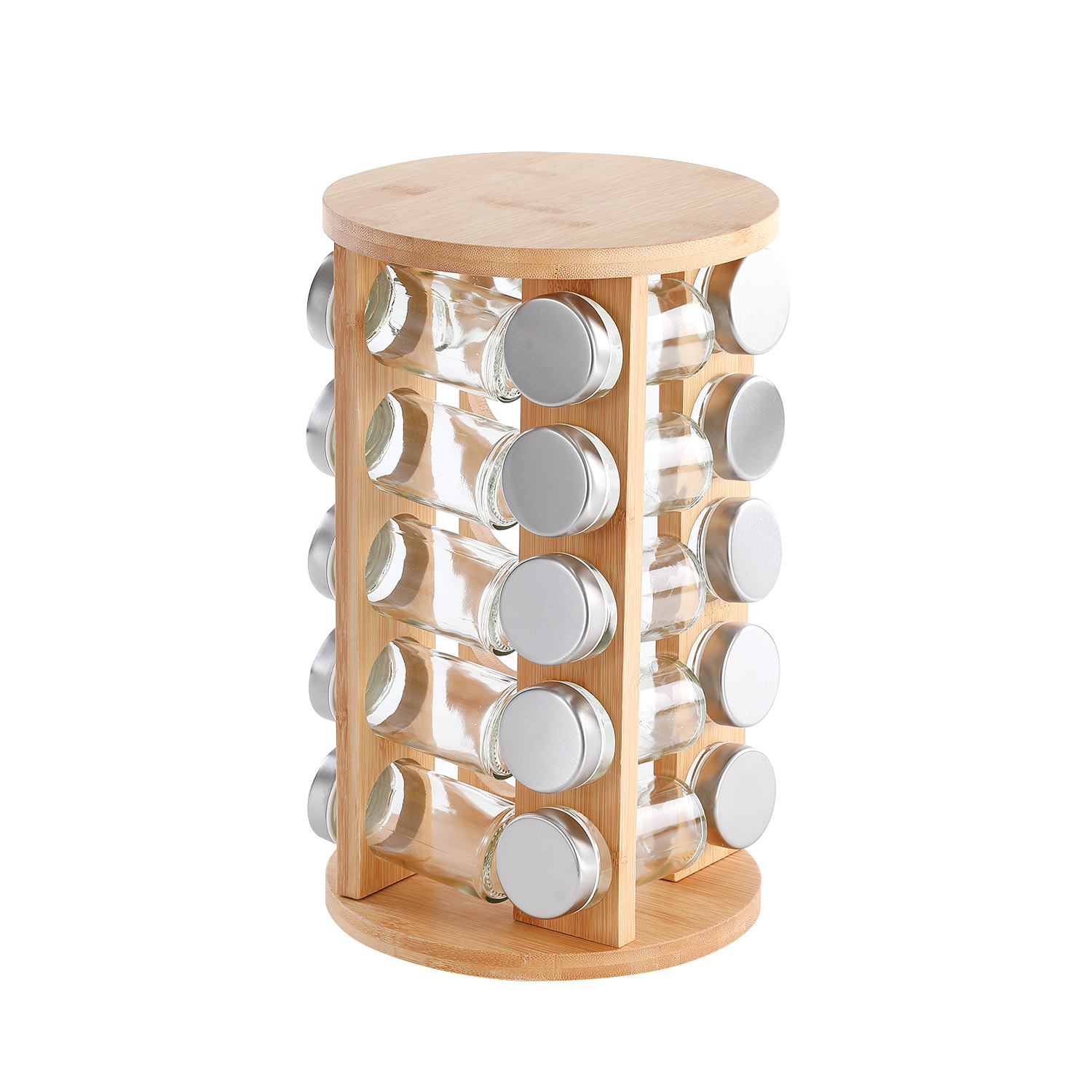 20罐竹制调味瓶套装玻璃调味罐可旋转竹架盐罐调料罐收纳架省空间白底实物图