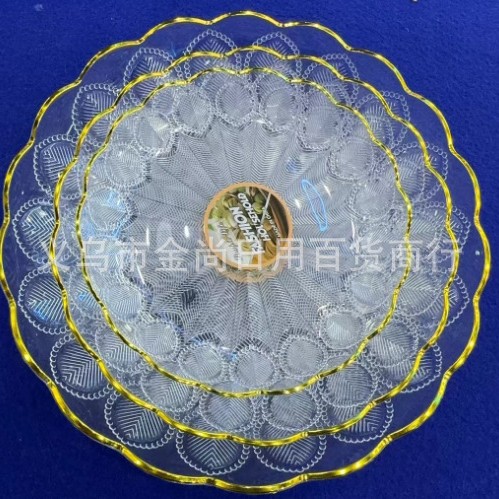 A high-end transparent solid color gold-edge fruit plate for home living room, a high-end plastic coffee table, and a candy plate placed on the front desk Application Scenario