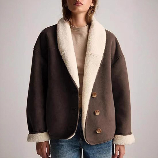 Women's Suede Jacket, Lambskin Casual Coat, Loose Lapel, Warm Winter Coat With Pockets X0050 Specification drawing