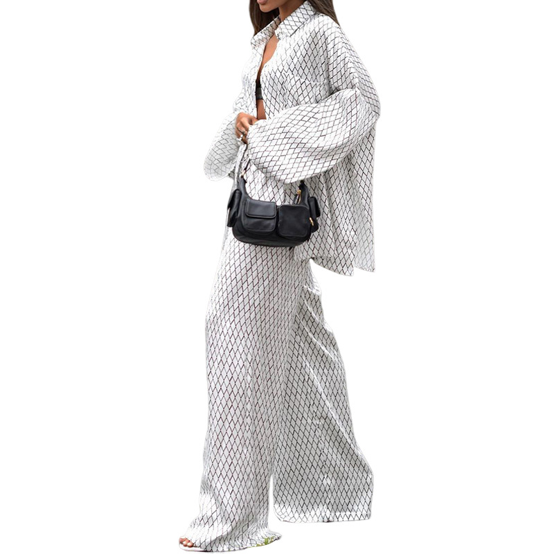 FD1455 in stock 2025 Spring New Cross-border Women's Fashion and elegant long-sleeved lapel shirt and long Pants two-piece set Specification image