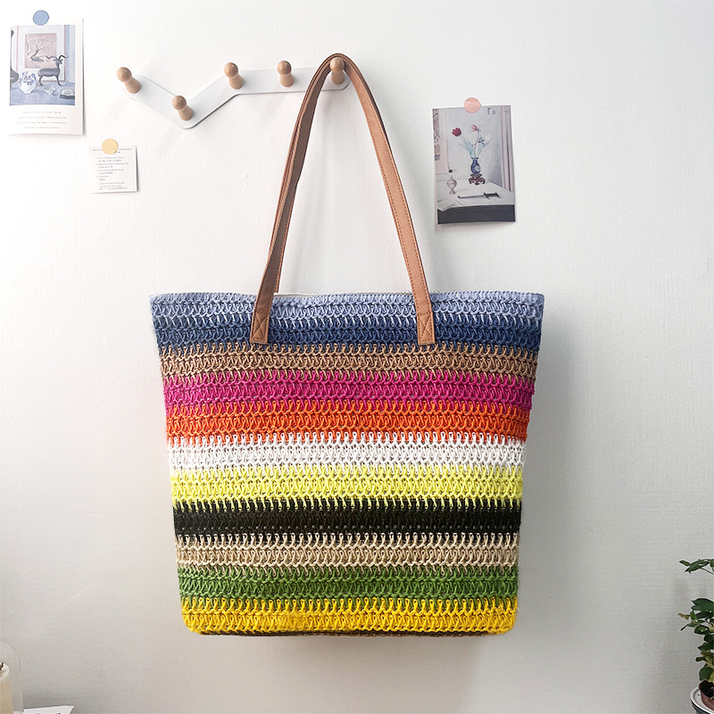 Cross-border straw weaving bag, colorful patchwork handbag, eco-friendly Lafite straw paper weaving bag, tote bag, large-capacity single-shoulder crossbody bag, fashionable and versatile vacation style tote single-shoulder bag, women's paper weaving straw weaving bag details Picture