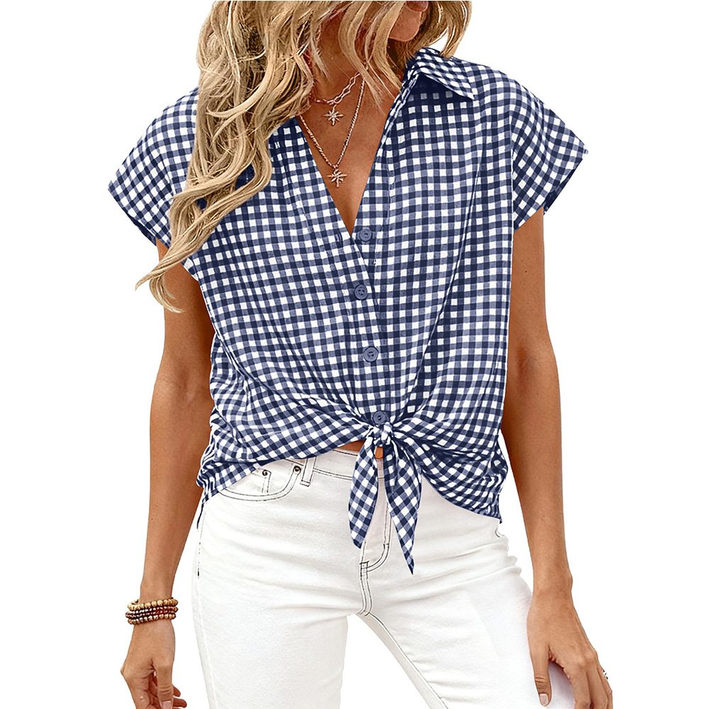 Cross-border Amazon beauty 2026 Summer New style Casual button short-sleeved casual loose checkered shirt Item Picture