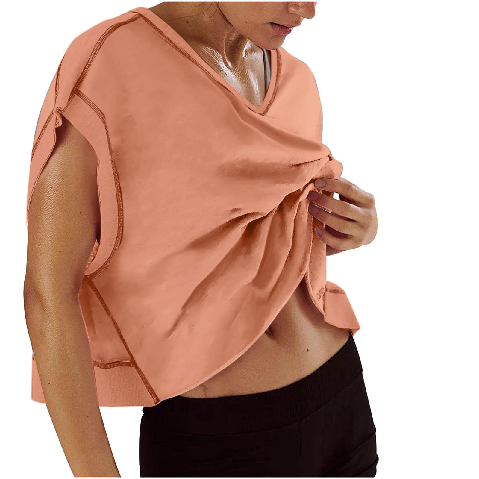 2026 Cross-border Amazon Women's casual loose solid color V-neck sporty backless hollowed-out Yoga T-shirt full figure