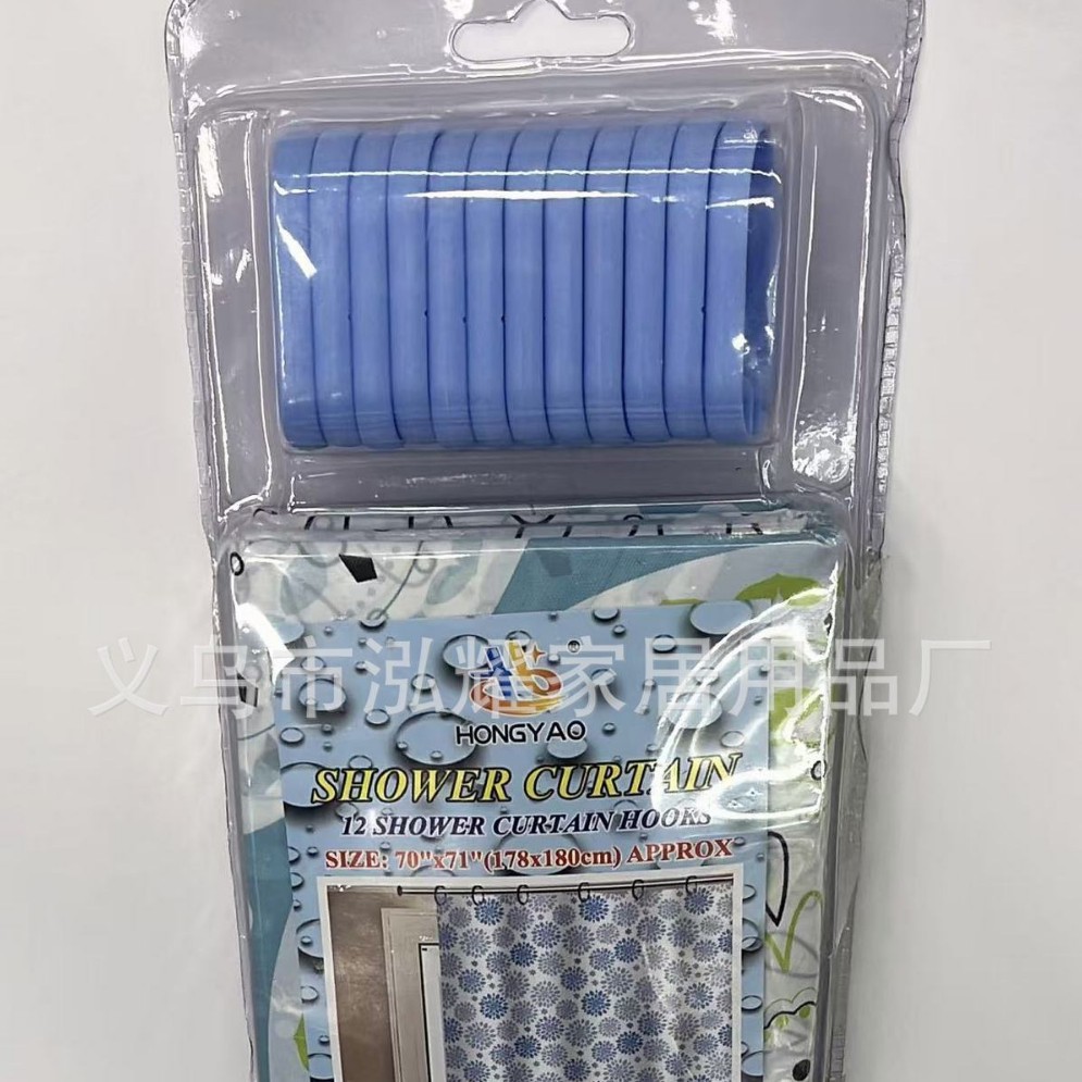 PEVAY印花浴帘免打孔挂帘卫生间防水浴帘厕所挡水门帘加粗挂钩
