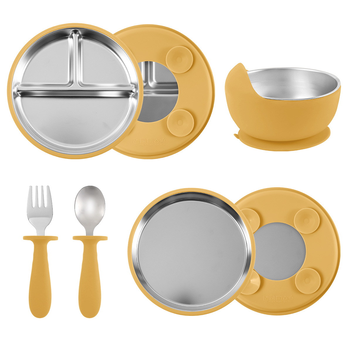 Baby complementary food suction cups, plates, bowls, forks and spoons set, cross-border new product 304 stainless steel silicone children's feeding tableware Application Scenario