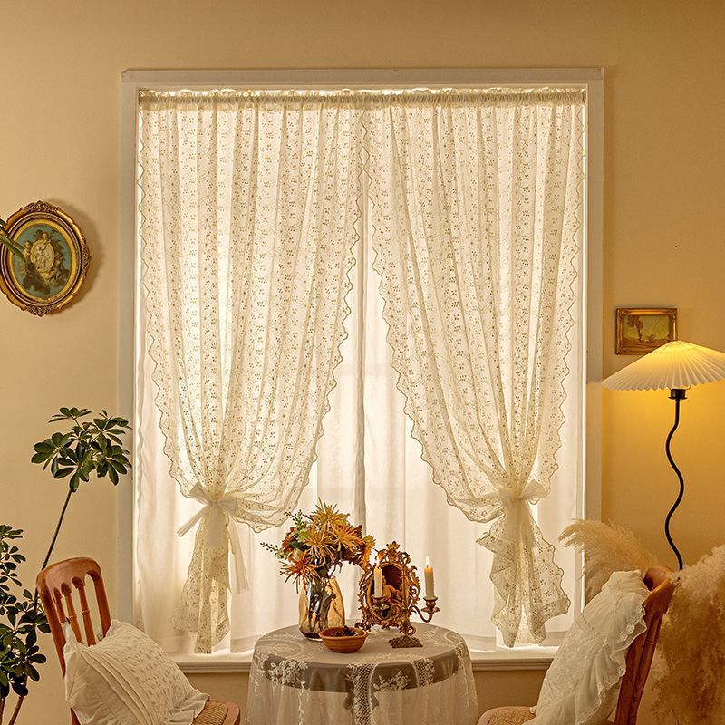 法式新款蝴蝶花窗帘卧室遮光免打孔纱帘风超仙透光蕾丝双层帘
