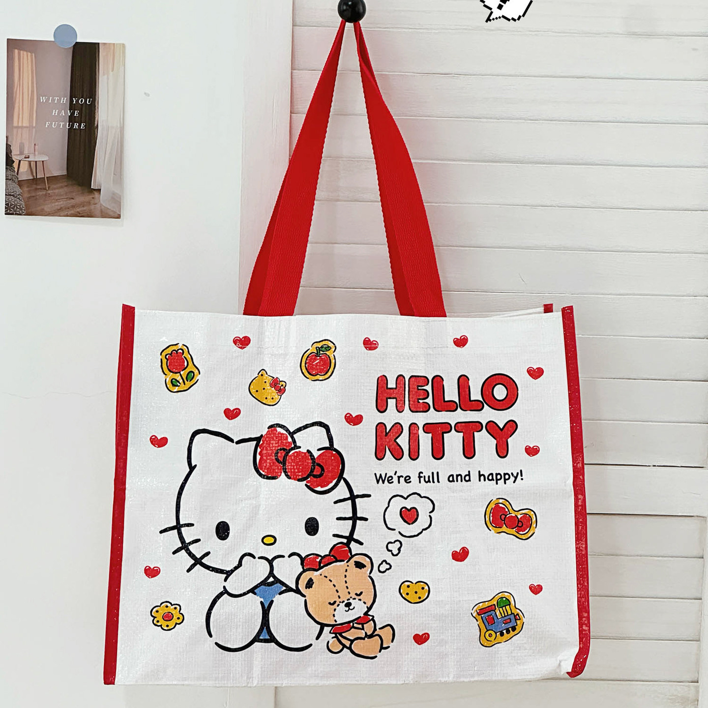 Sanrio genuine Hello Kitty kt woven shopping bag, large capacity storage bag, bento bag, portable hand-held crossbody bag Item Picture