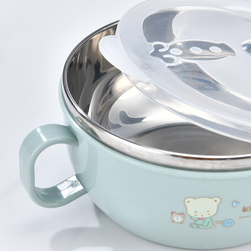Manufacturer's in-stock baby stainless steel children's bowl with handle and lid, cartoon heat-insulating bowl with spoon Specification image