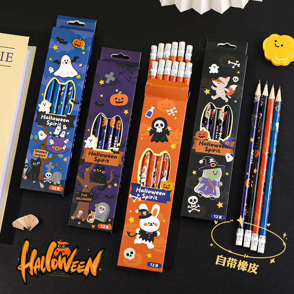 Cartoon children's eraser-tipped pencils Christmas holiday gift box, writing pencils, Halloween box set HB pencils Specification drawing