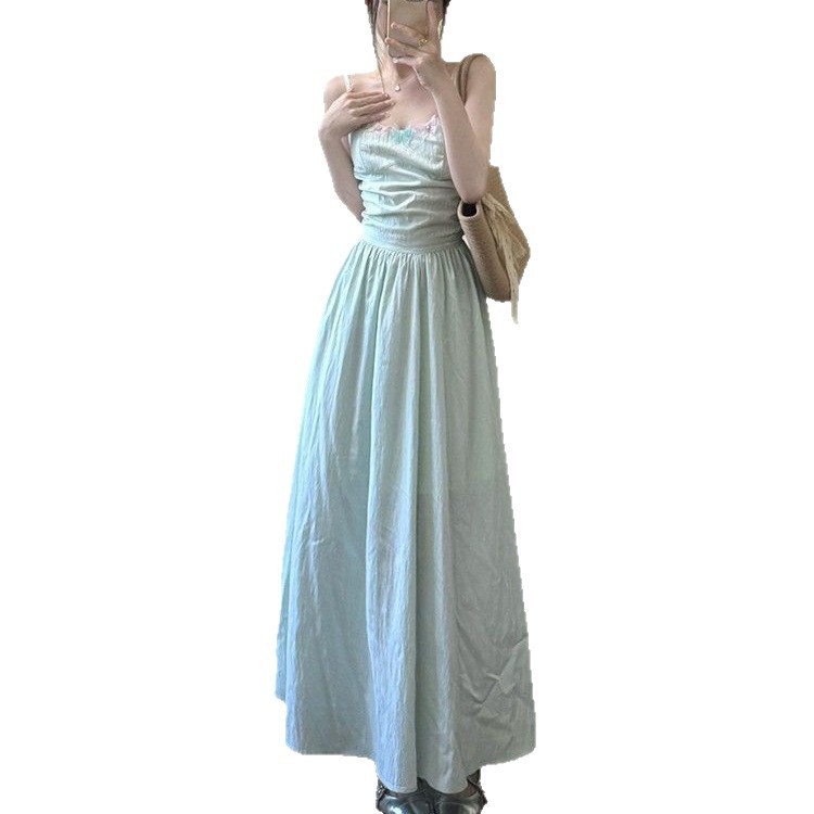 法式绝美吊带连衣裙子女2025夏季新款小个子海边度假气质仙女长裙白底实物图