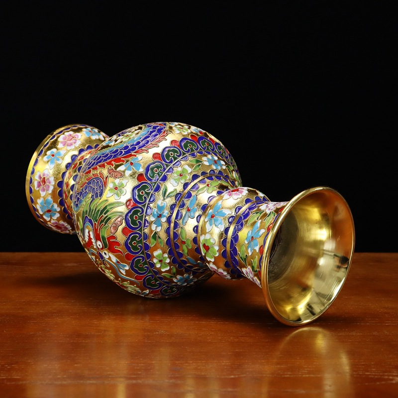 Beijing Jingtai Blue Vase Ornament, Craft Gift, Cloisonne enamel filigree silver Blue 15-inch Dragon and Phoenix Presenting auspiciousness Mushroom Vase details Picture